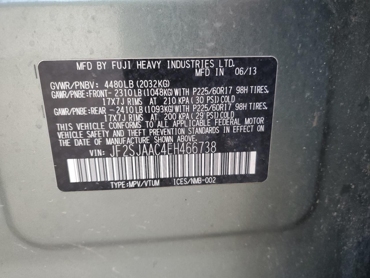 2014 Subaru Forester 2.5I VIN: JF2SJAAC4EH466738 Lot: 70296194