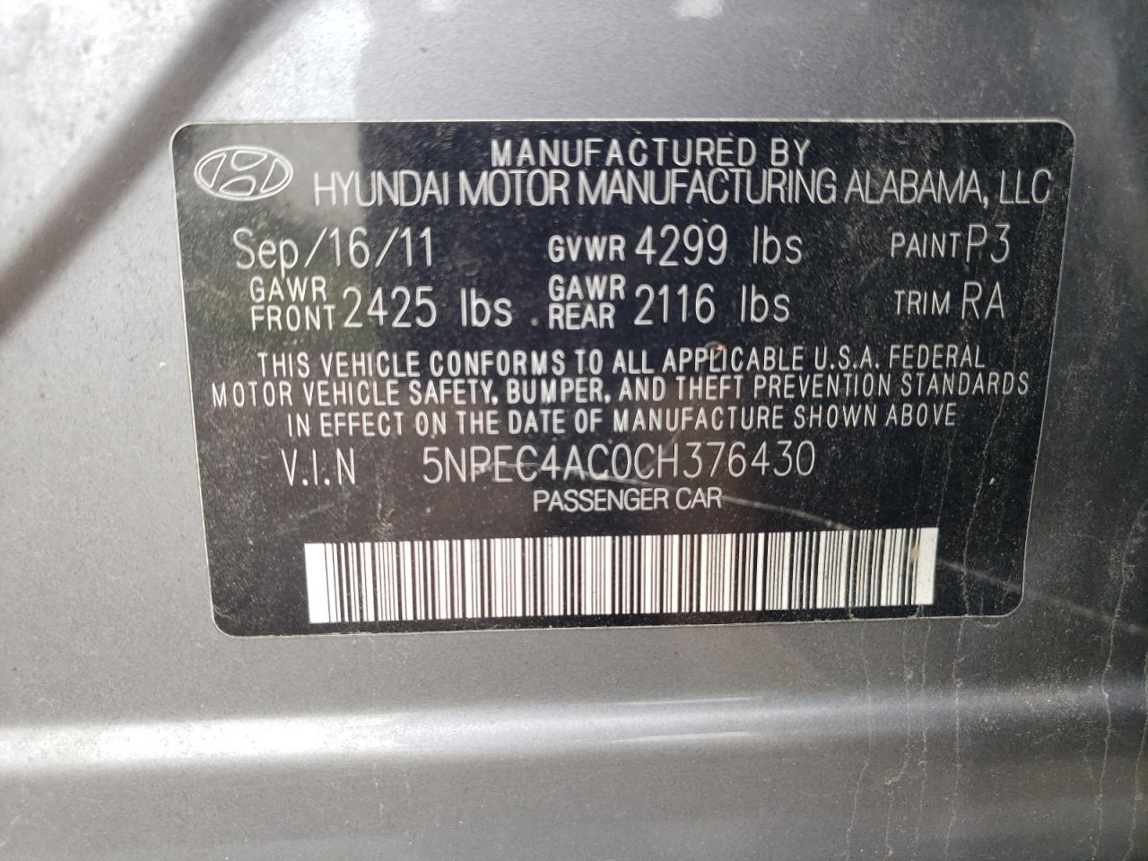 5NPEC4AC0CH376430 2012 Hyundai Sonata Se