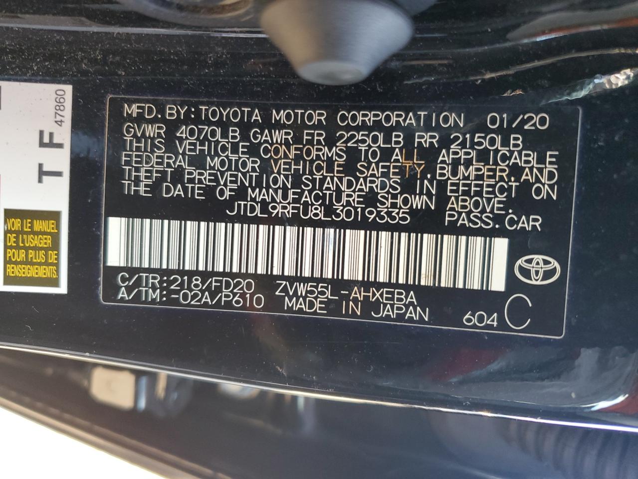 JTDL9RFU8L3019335 2020 Toyota Prius Le