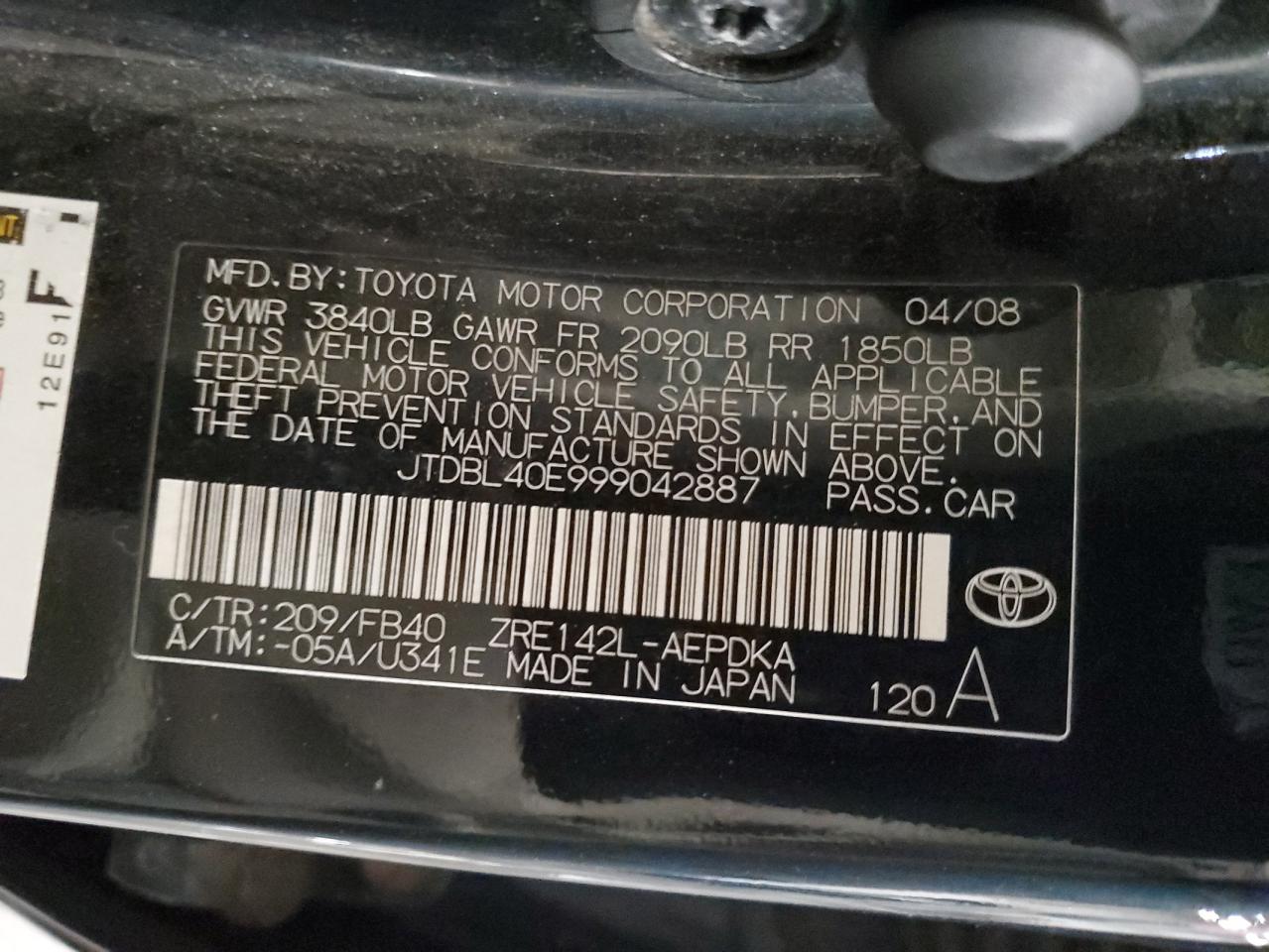 JTDBL40E999042887 2009 Toyota Corolla Base