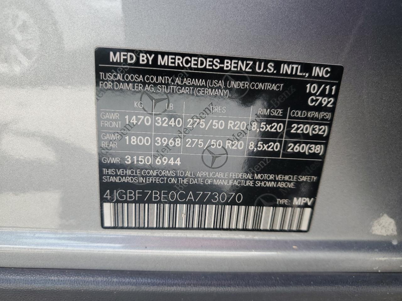 2012 Mercedes-Benz Gl 450 4Matic VIN: 4JGBF7BE0CA773070 Lot: 72564734