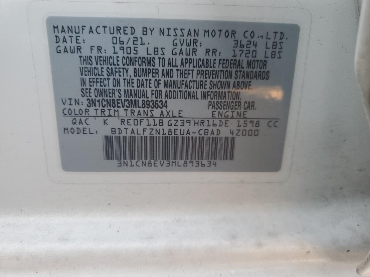 2021 Nissan Versa Sv VIN: 3N1CN8EV3ML893634 Lot: 69638174