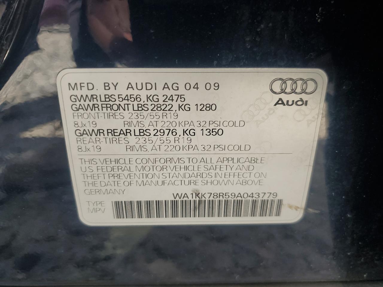 2009 Audi Q5 3.2 VIN: WA1KK78R59A043779 Lot: 69765544