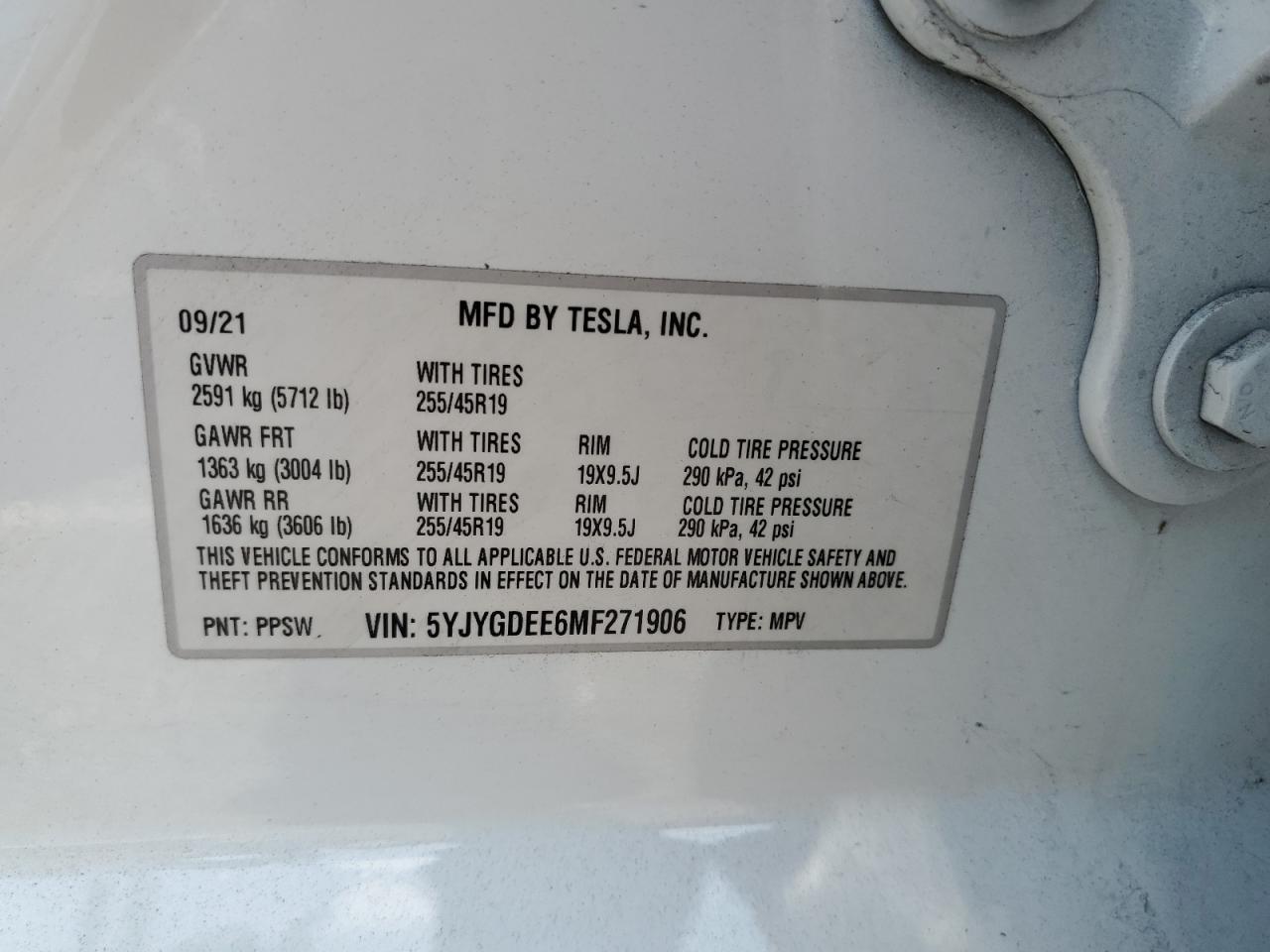 5YJYGDEE6MF271906 2021 Tesla Model Y