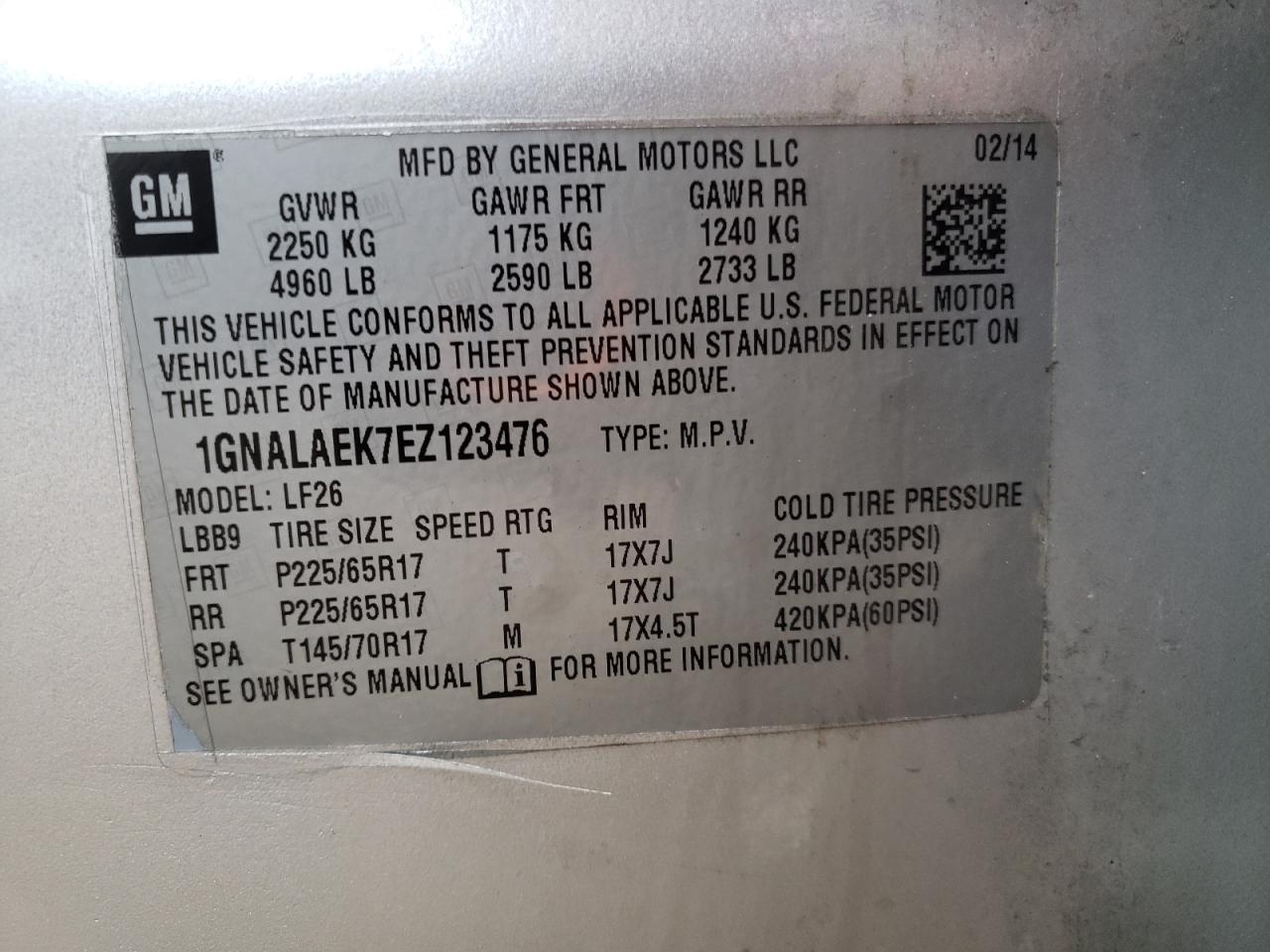 1GNALAEK7EZ123476 2014 Chevrolet Equinox Ls