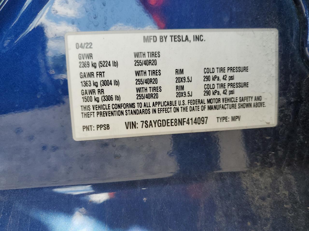 7SAYGDEE8NF414097 2022 Tesla Model Y