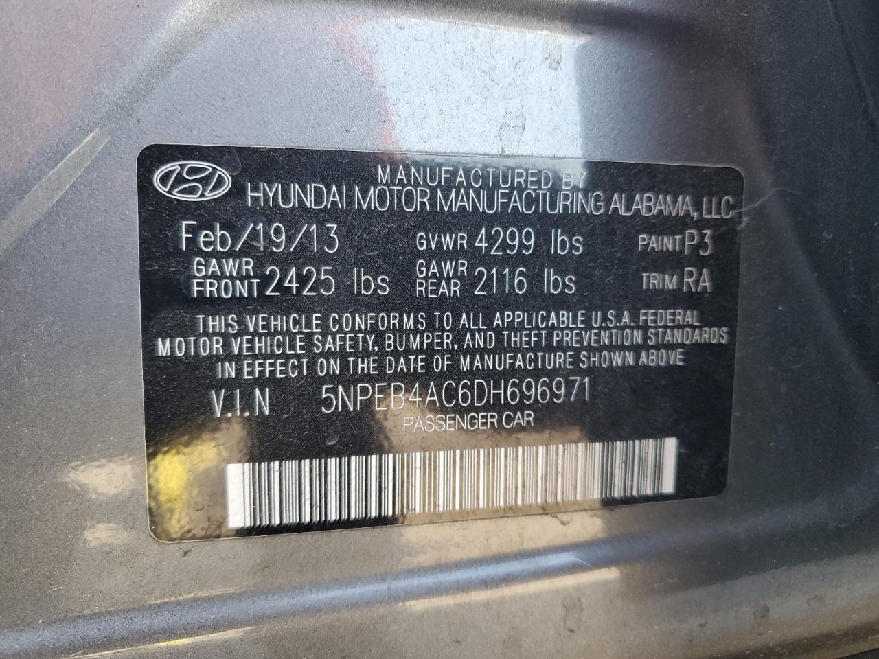 5NPEB4AC6DH696971 2013 Hyundai Sonata Gls