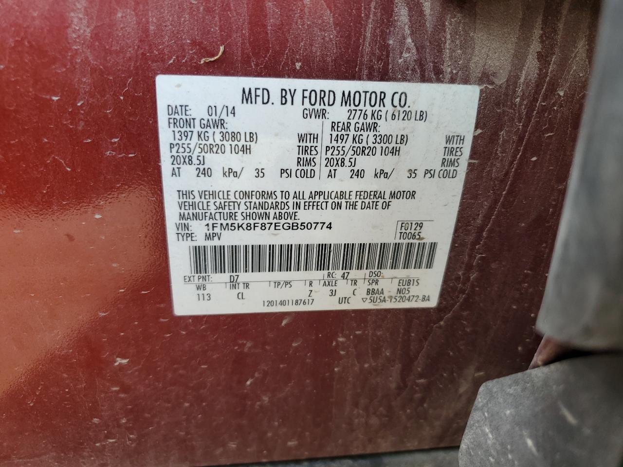 1FM5K8F87EGB50774 2014 Ford Explorer Limited