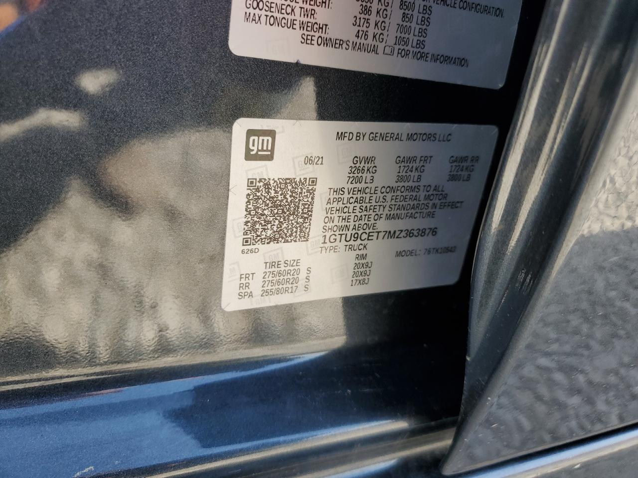 2021 GMC Sierra K1500 Elevation VIN: 1GTU9CET7MZ363876 Lot: 70076664