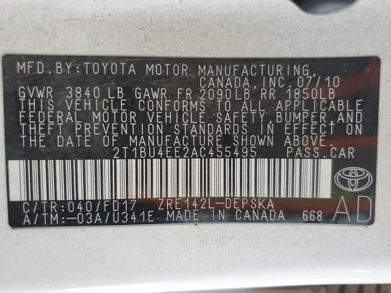 2T1BU4EE2AC455495 2010 Toyota Corolla Base