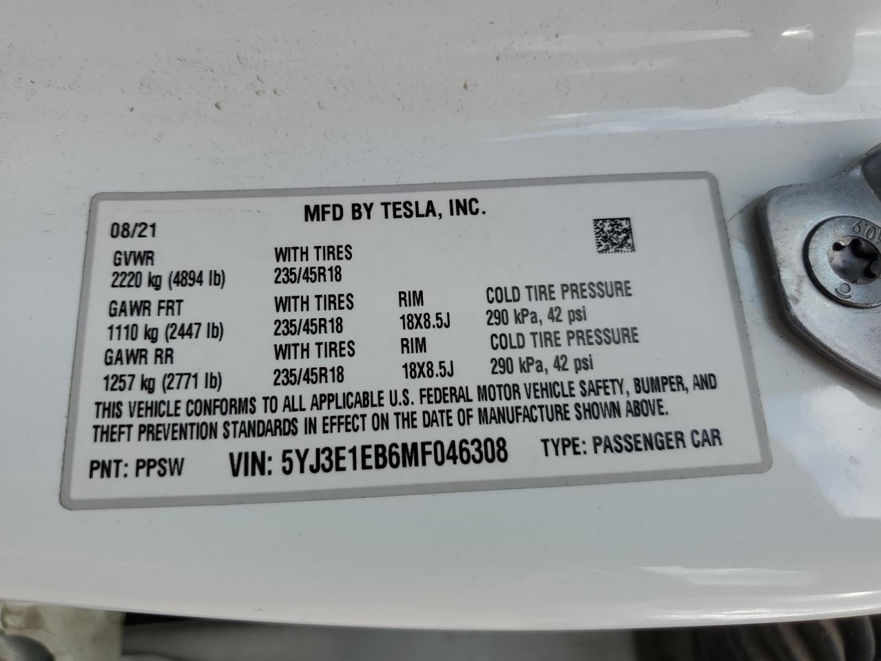 2021 Tesla Model 3 VIN: 5YJ3E1EB6MF046308 Lot: 70507924