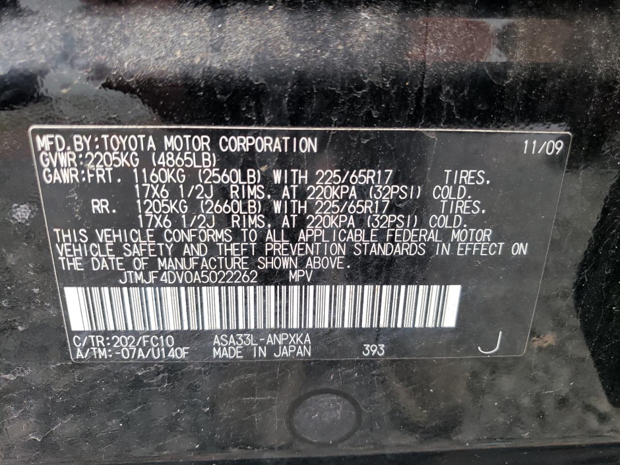 JTMJF4DV0A5022262 2010 Toyota Rav4