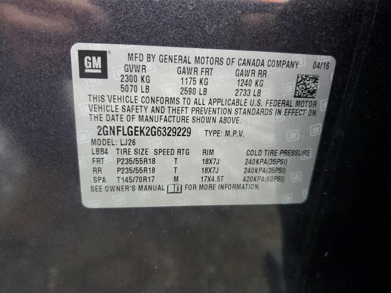 2GNFLGEK2G6329229 2016 Chevrolet Equinox Ltz