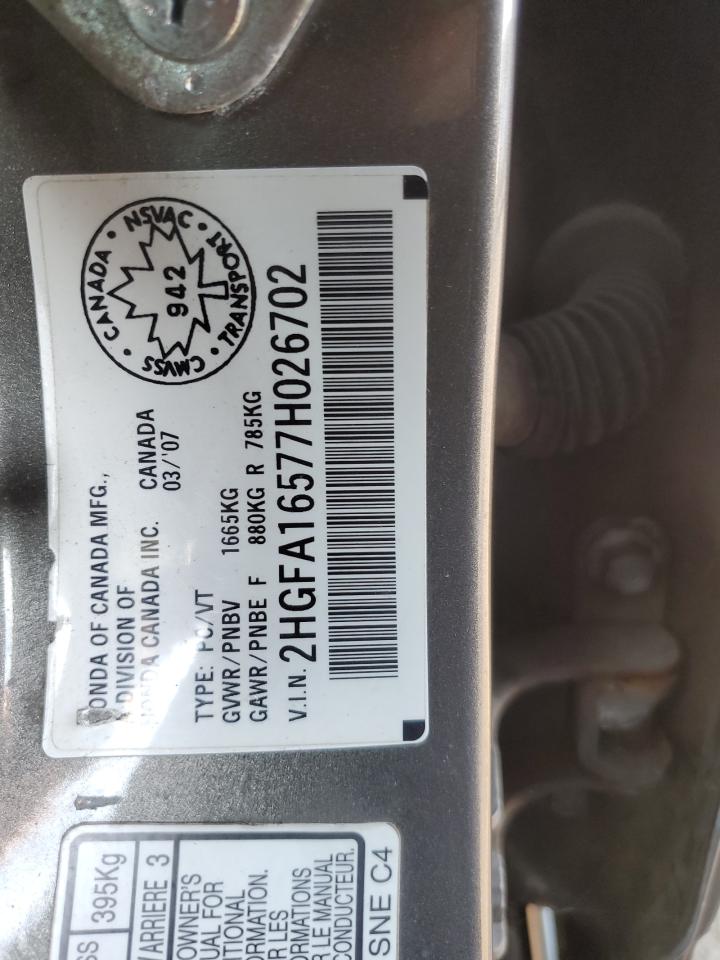 2007 Honda Civic Lx VIN: 2HGFA16577H026702 Lot: 70251154