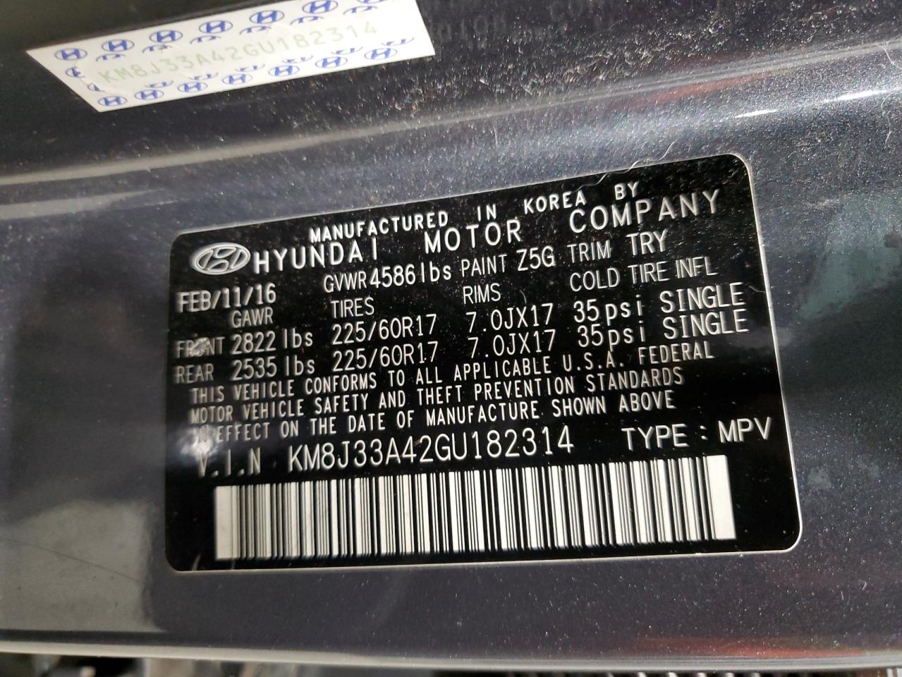 2016 Hyundai Tucson Limited VIN: KM8J33A42GU182314 Lot: 71487264