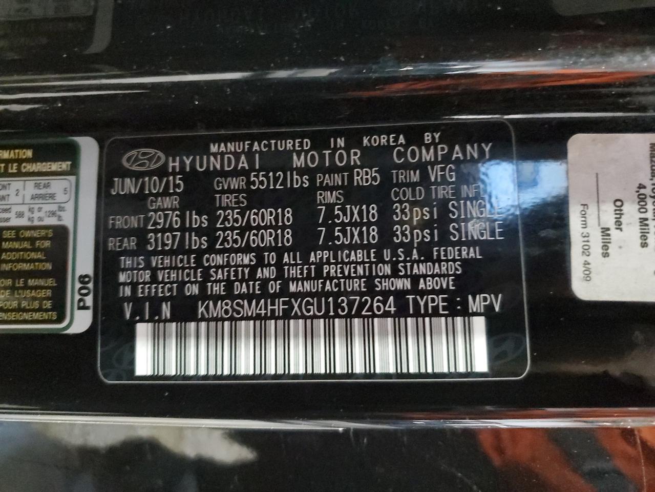 KM8SM4HFXGU137264 2016 Hyundai Santa Fe Se