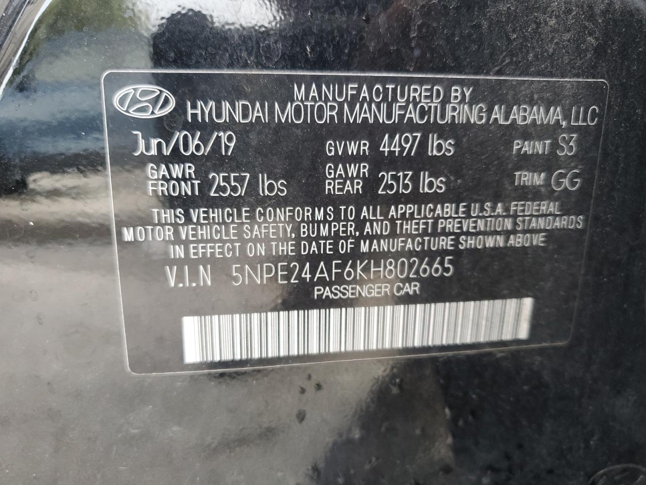 2019 Hyundai Sonata Se VIN: 5NPE24AF6KH802665 Lot: 69815294