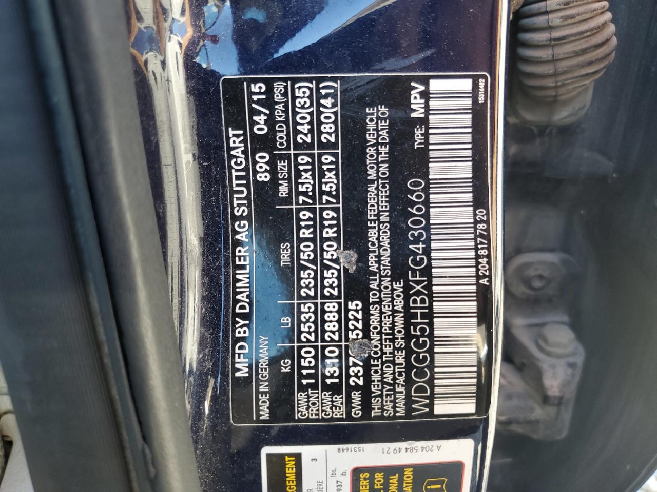 2015 Mercedes-Benz Glk 350 VIN: WDCGG5HBXFG430660 Lot: 72074334
