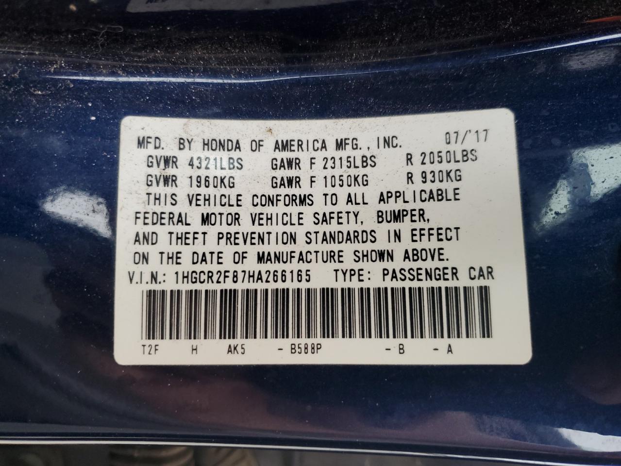 1HGCR2F87HA266165 2017 Honda Accord Exl