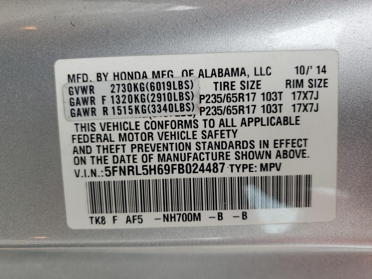 2015 Honda Odyssey Exl VIN: 5FNRL5H69FB024487 Lot: 72959724