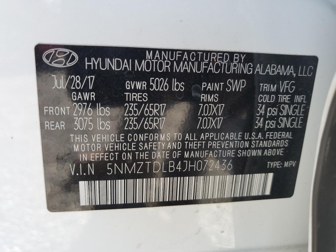 5NMZTDLB4JH072436 2018 Hyundai Santa Fe Sport