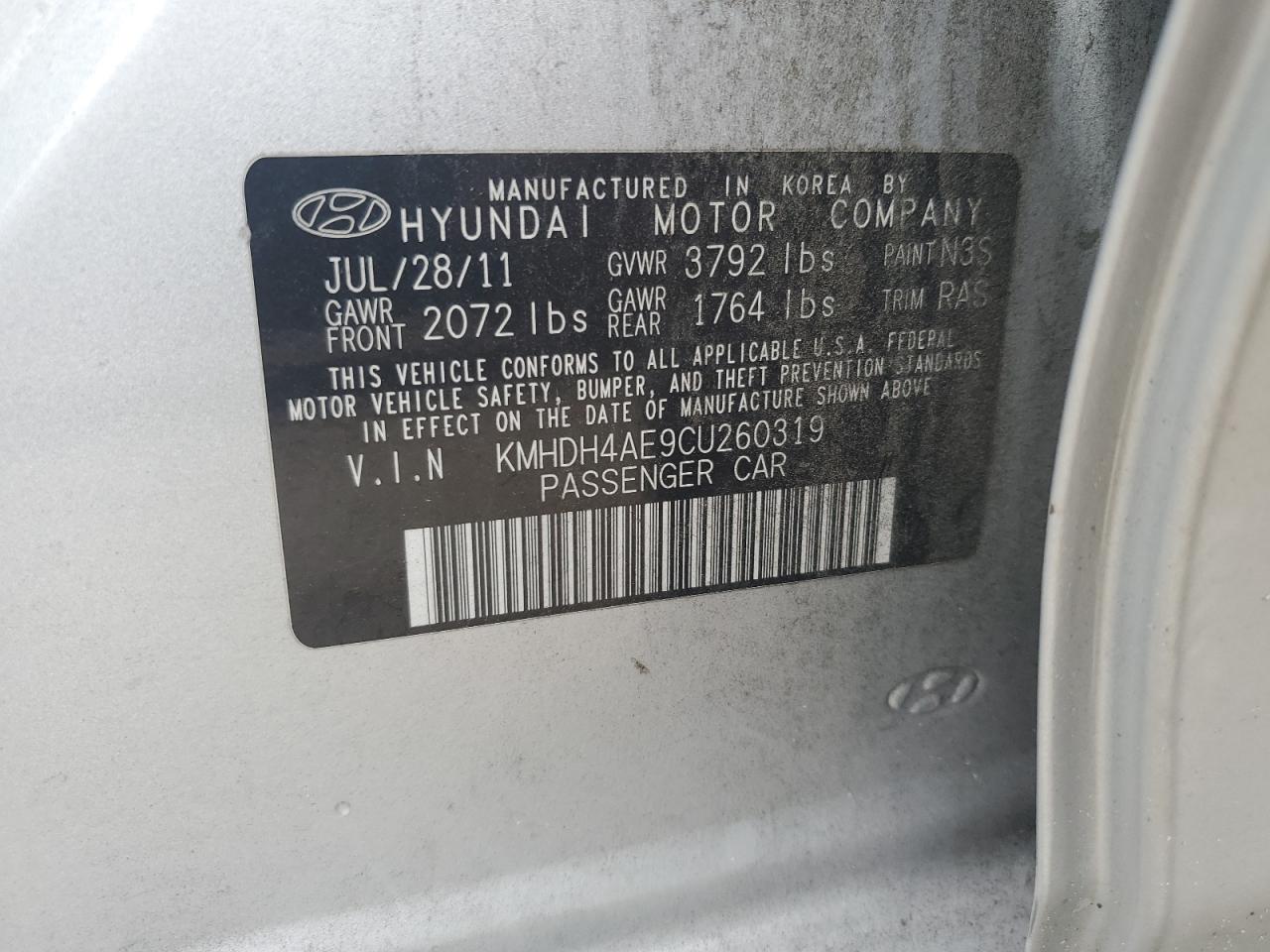 KMHDH4AE9CU260319 2012 Hyundai Elantra Gls