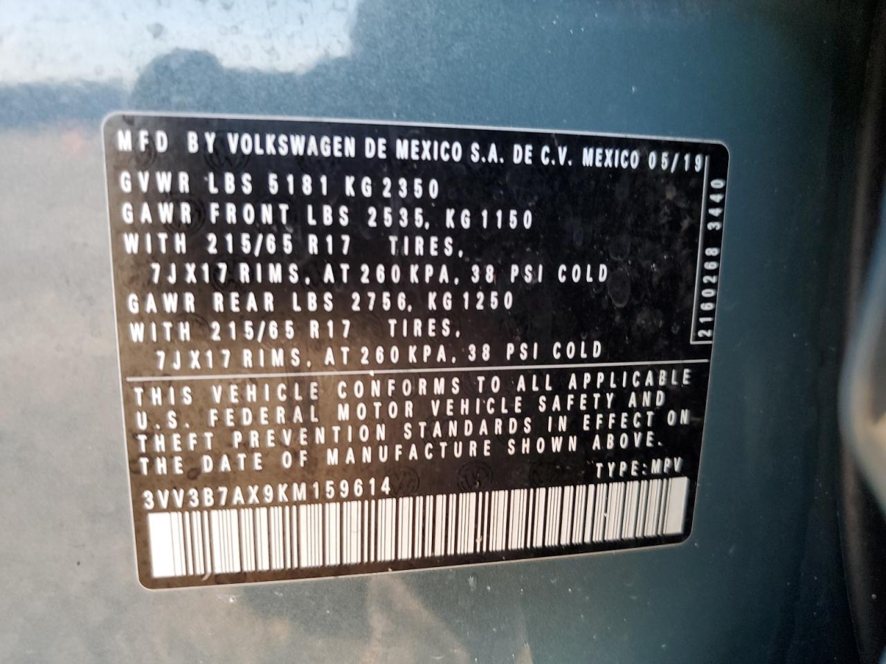 3VV3B7AX9KM159614 2019 Volkswagen Tiguan Se