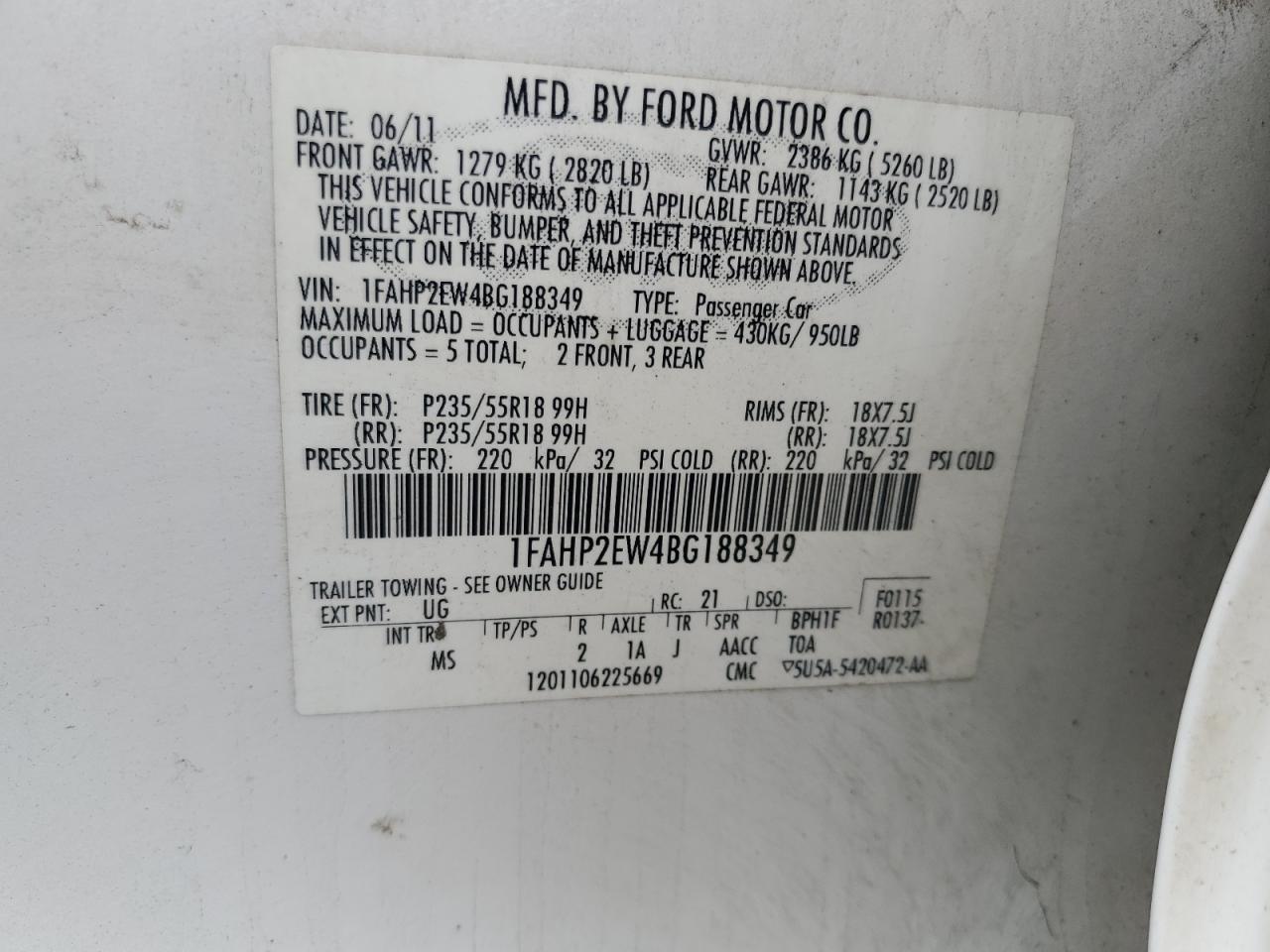 2011 Ford Taurus Sel VIN: 1FAHP2EW4BG188349 Lot: 72756314