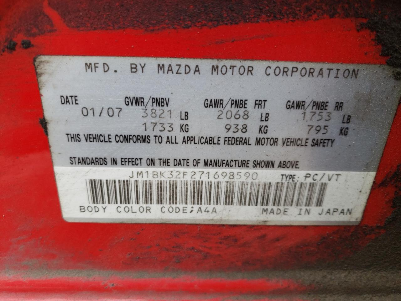 JM1BK32F271698590 2007 Mazda 3 I