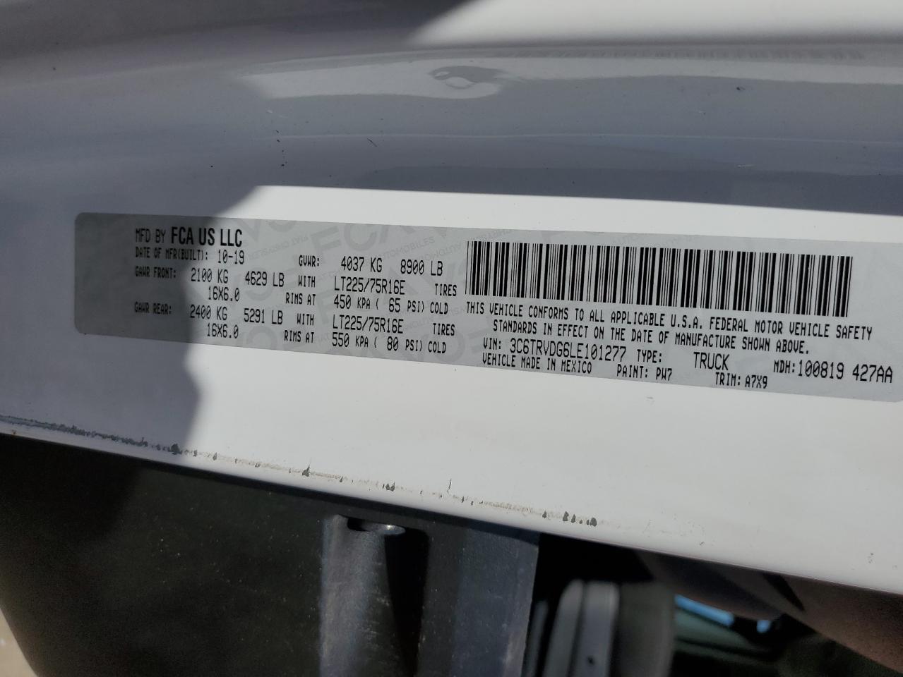 2020 Ram Promaster 2500 2500 High VIN: 3C6TRVDG6LE101277 Lot: 70671804