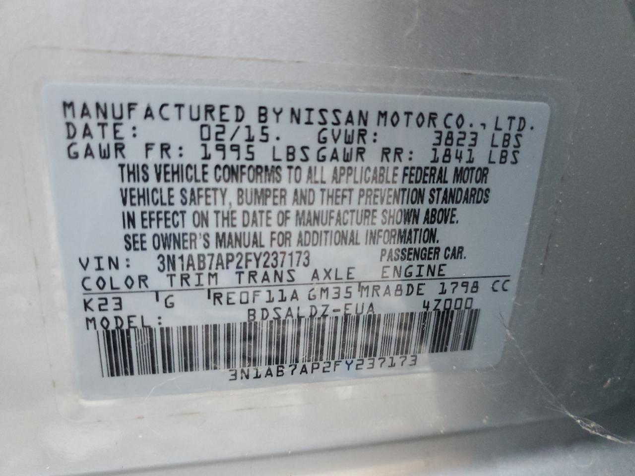 3N1AB7AP2FY237173 2015 Nissan Sentra S