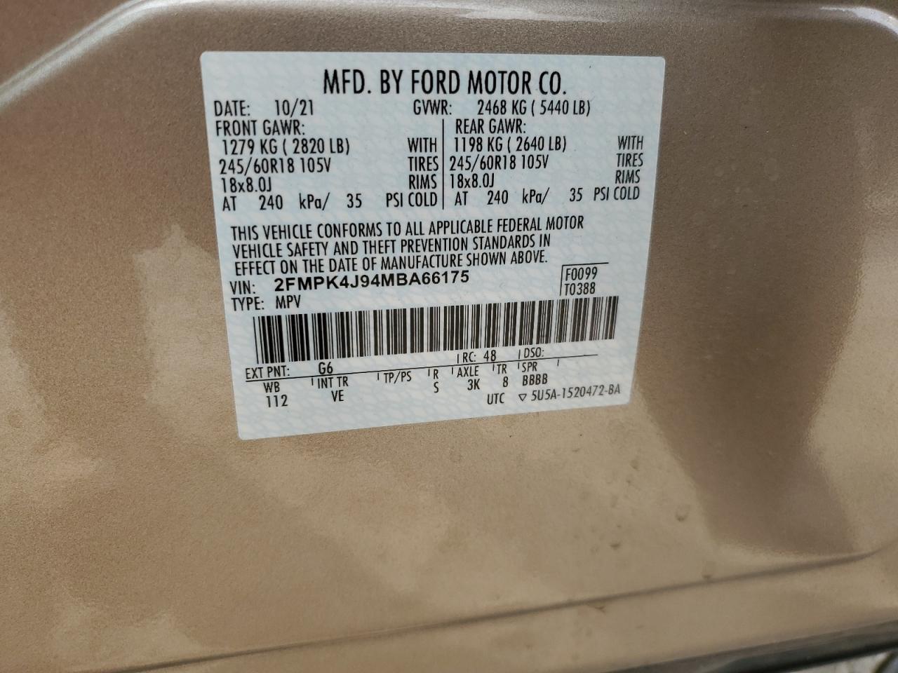 2021 Ford Edge Sel VIN: 2FMPK4J94MBA66175 Lot: 70847104