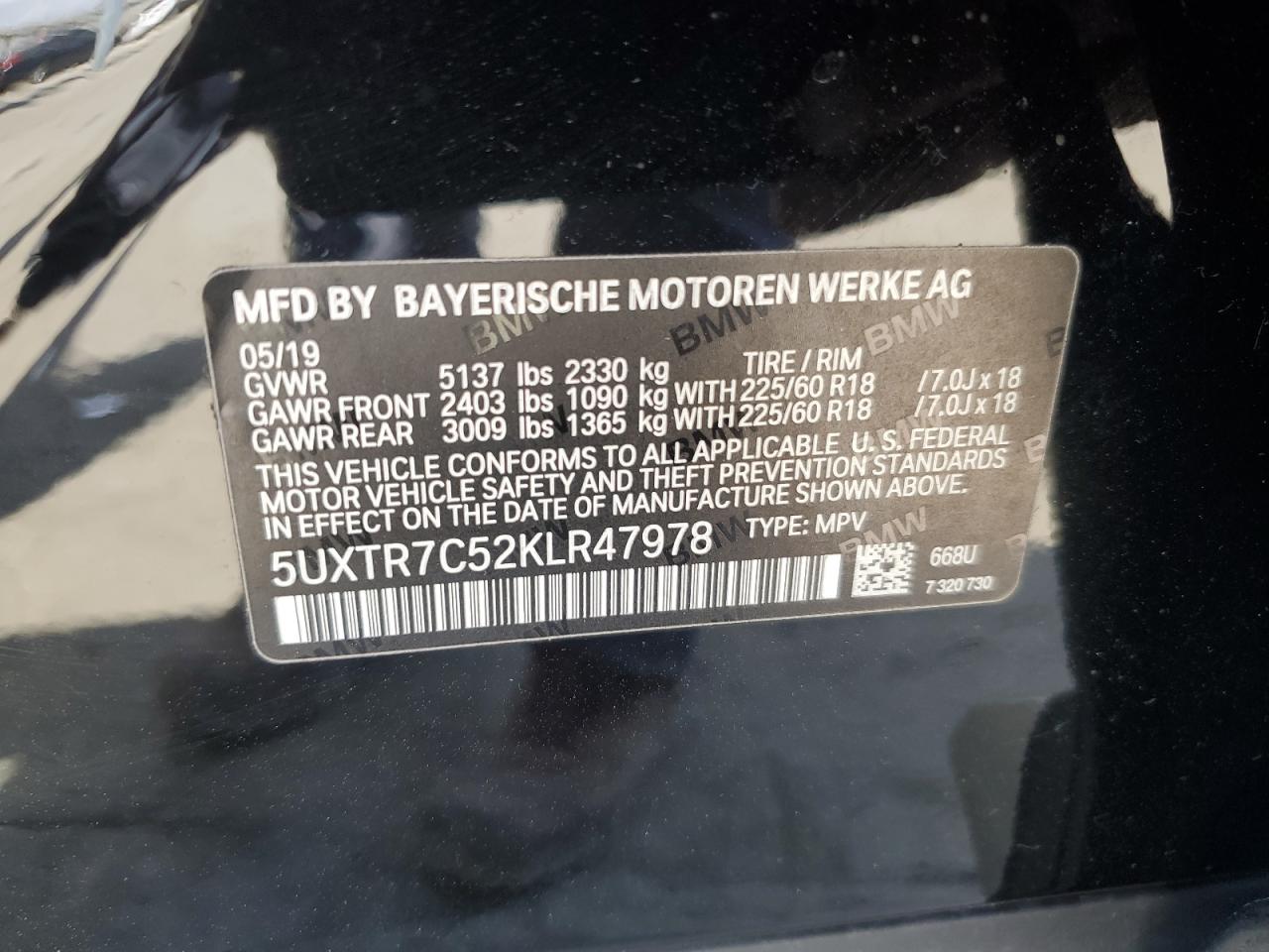 5UXTR7C52KLR47978 2019 BMW X3 Sdrive30I