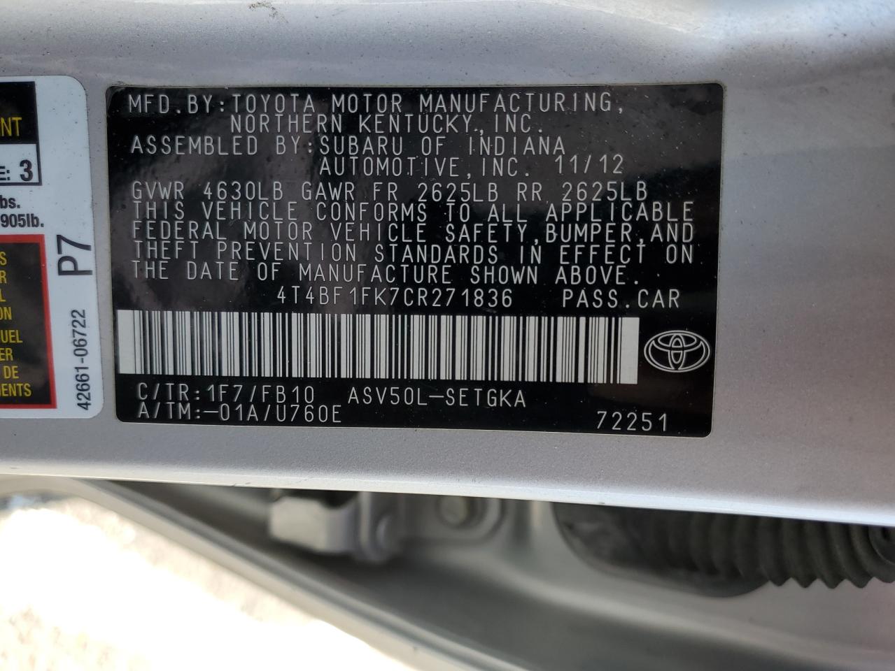 4T4BF1FK7CR271836 2012 Toyota Camry Base