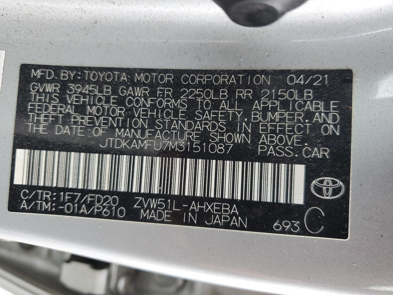 2021 Toyota Prius Special Edition VIN: JTDKAMFU7M3151087 Lot: 70031214