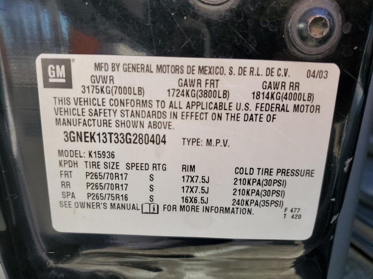 3GNEK13T33G280404 2003 Chevrolet Avalanche K1500