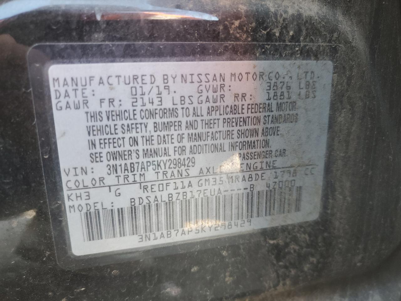 3N1AB7APSKY298429 2019 Nissan Sentra S