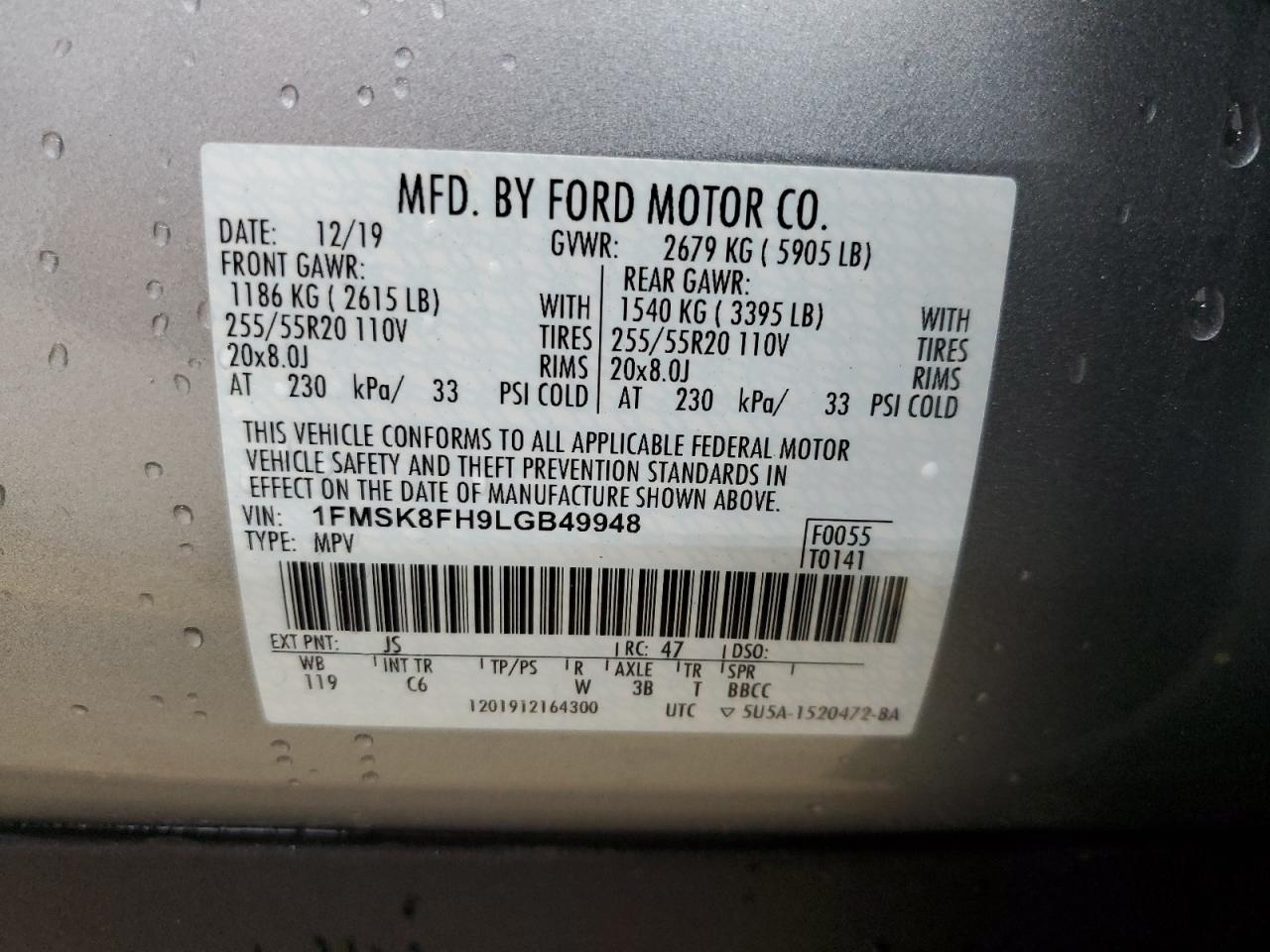 2020 Ford Explorer Limited VIN: 1FMSK8FH9LGB49948 Lot: 72239484