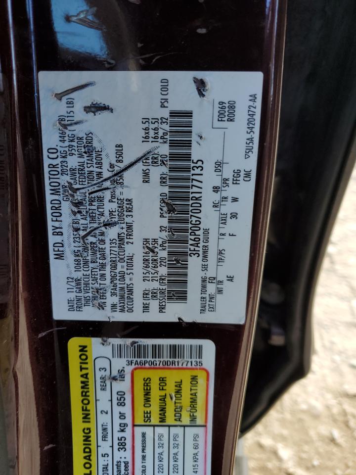 2013 Ford Fusion S VIN: 3FA6P0G70DR177135 Lot: 84877545