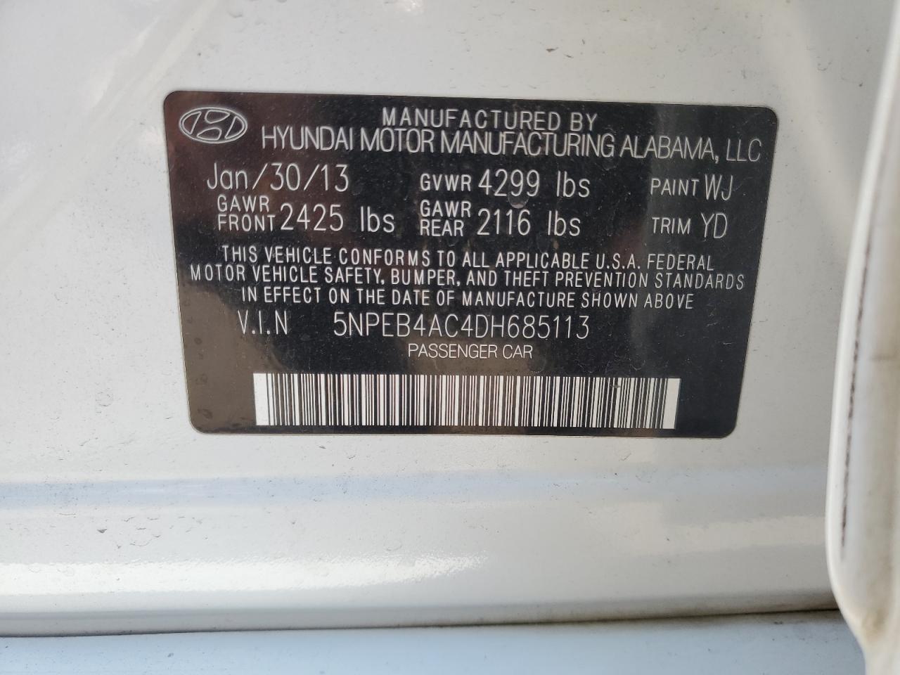 5NPEB4AC4DH685113 2013 Hyundai Sonata Gls