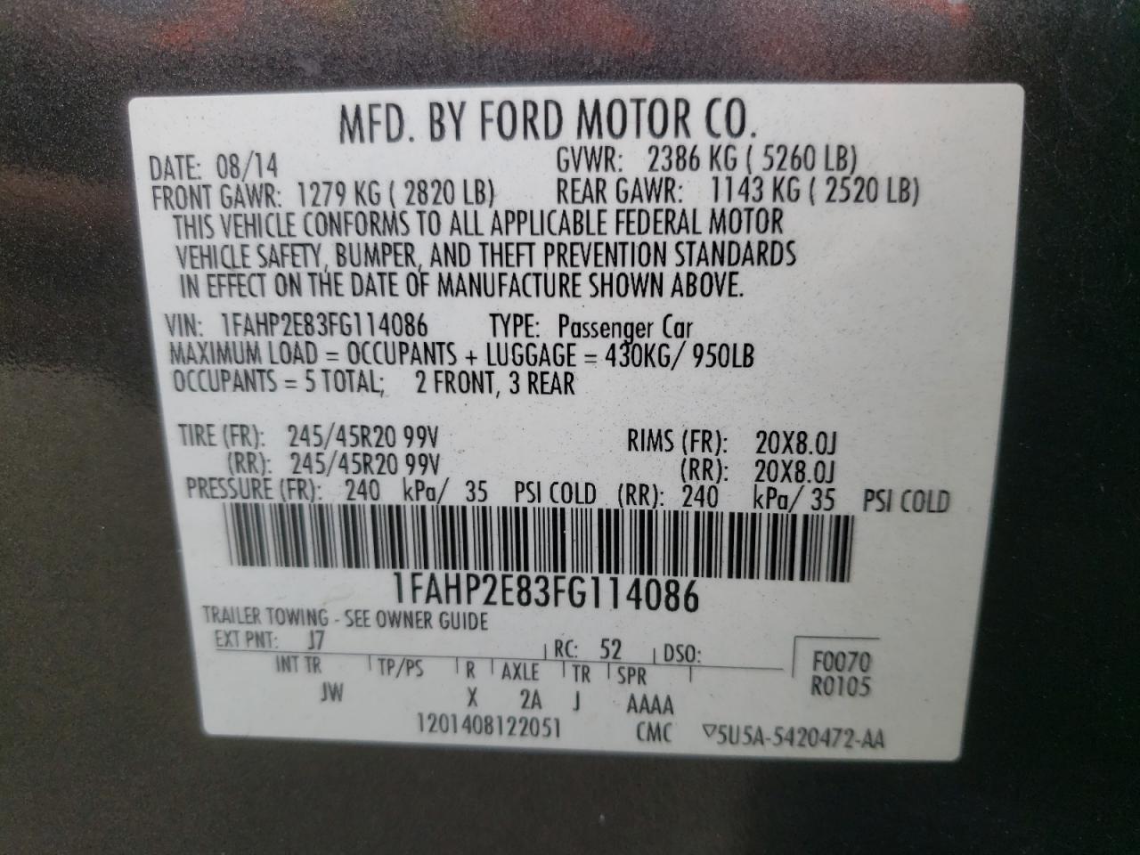 1FAHP2E83FG114086 2015 Ford Taurus Sel