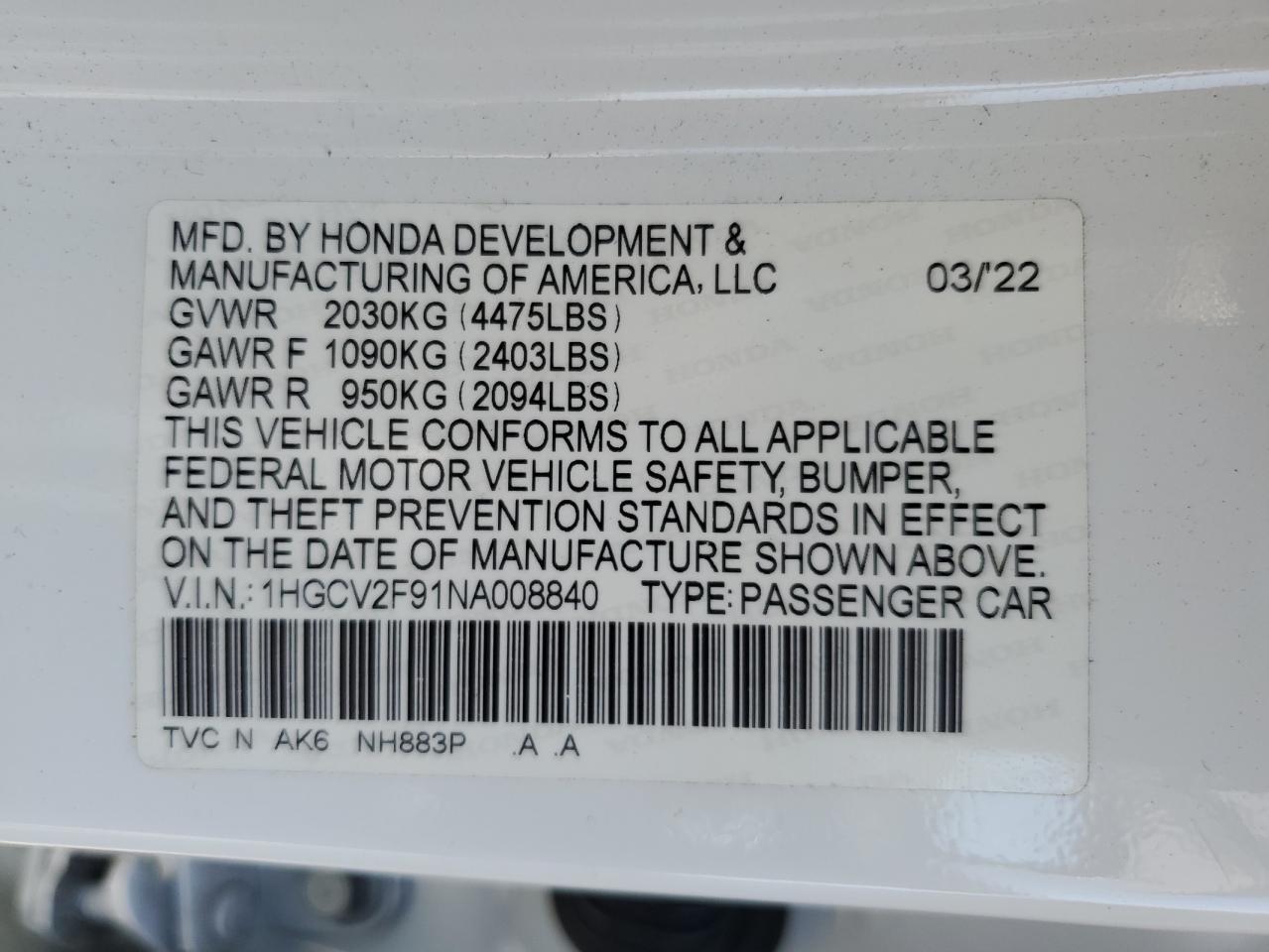 1HGCV2F91NA008840 2022 Honda Accord Touring