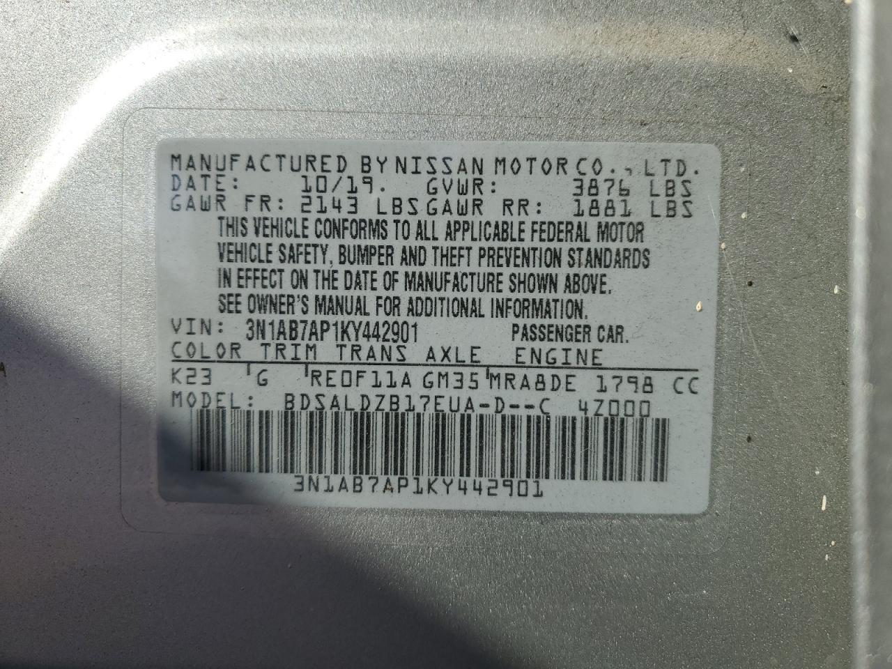 3N1AB7AP1KY442901 2019 Nissan Sentra S