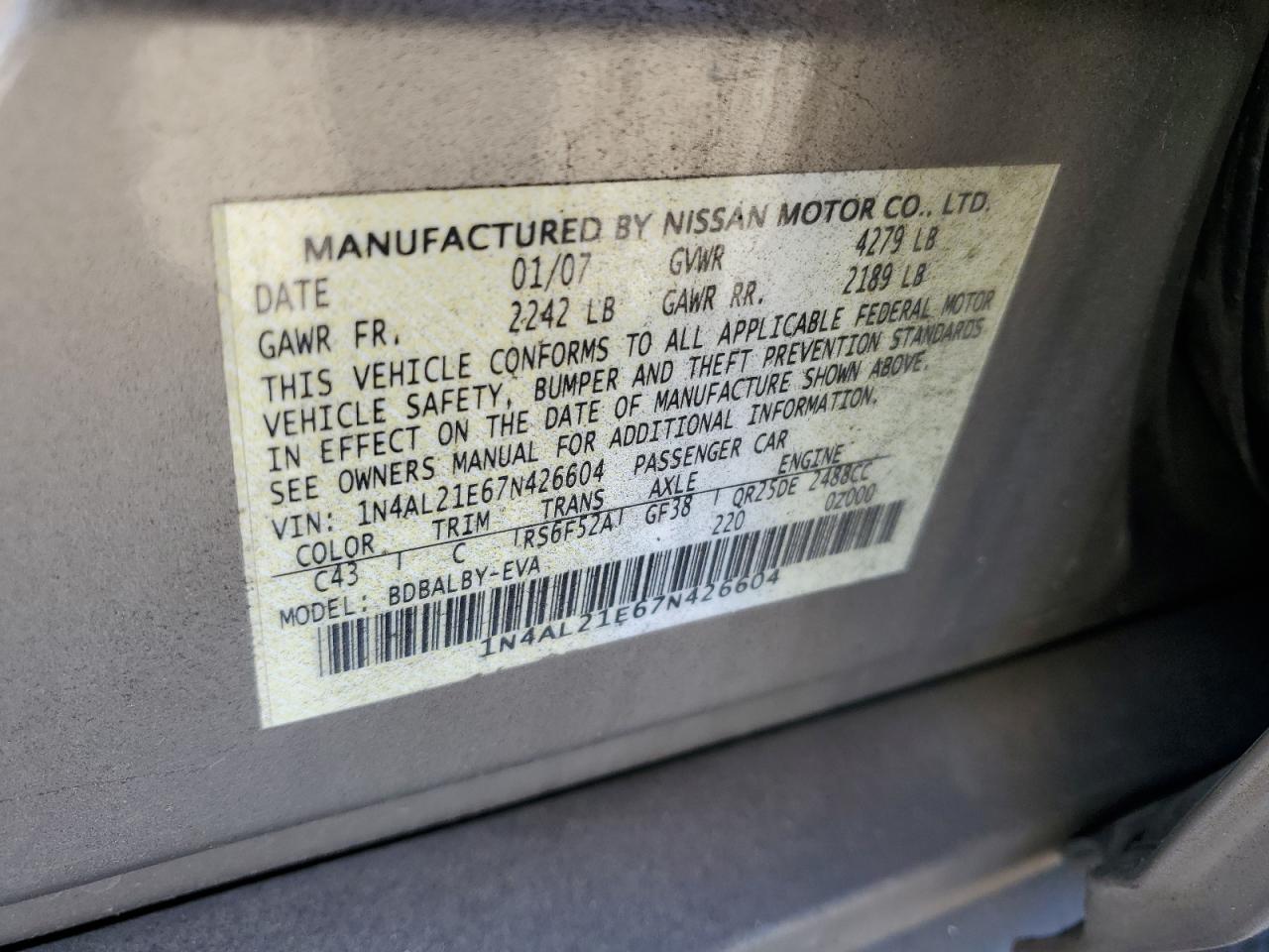 1N4AL21E67N426604 2007 Nissan Altima 2.5