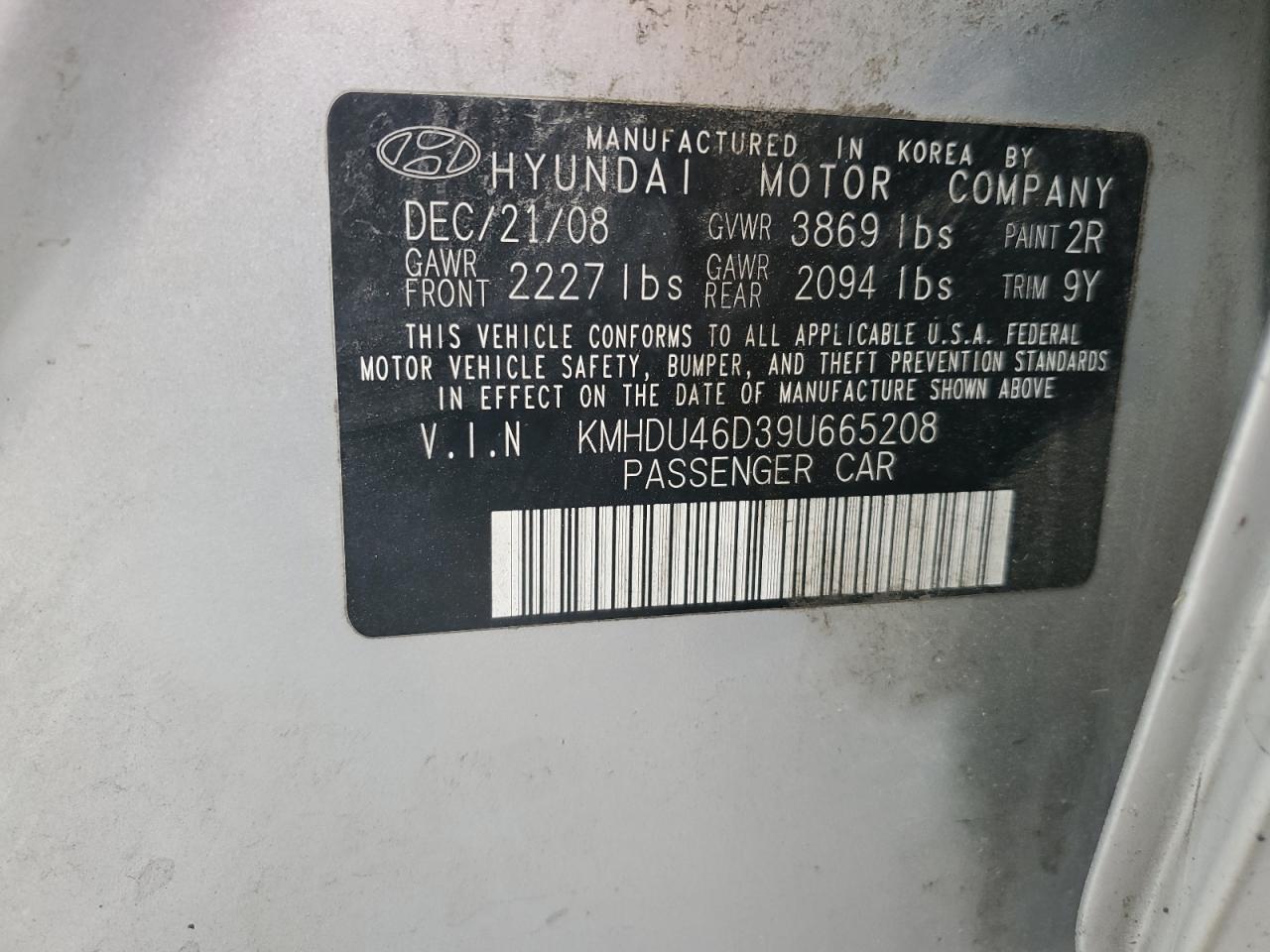 KMHDU46D39U665208 2009 Hyundai Elantra Gls