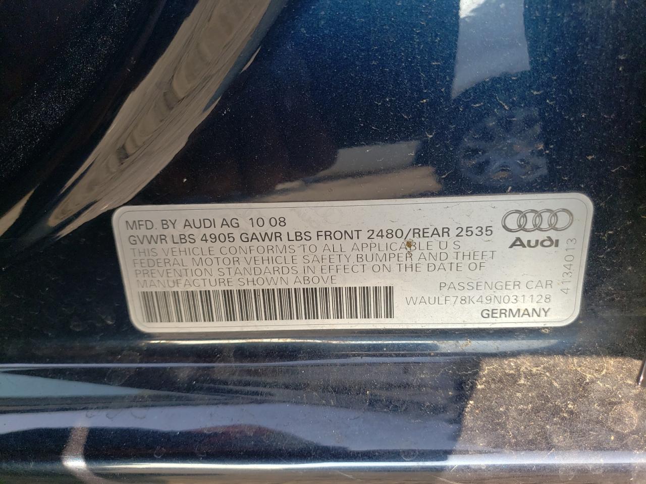 2009 Audi A4 2.0T Quattro VIN: WAULF78K49N031128 Lot: 70037284