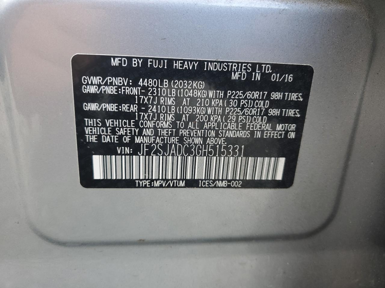 JF2SJADC3GH515331 2016 Subaru Forester 2.5I Premium