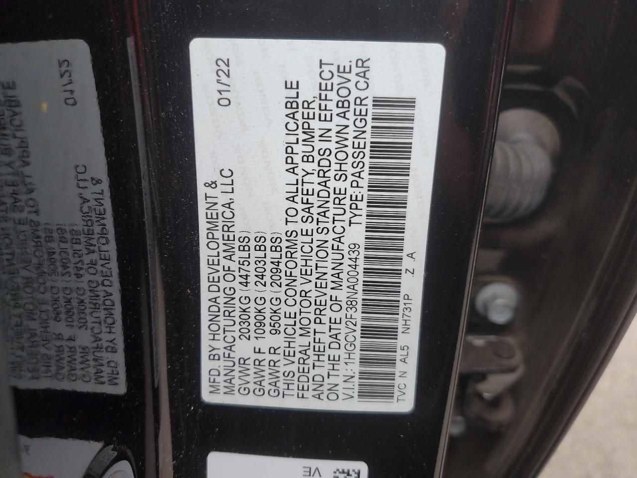 2022 Honda Accord Sport VIN: 1HGCV2F38NA004439 Lot: 73198424