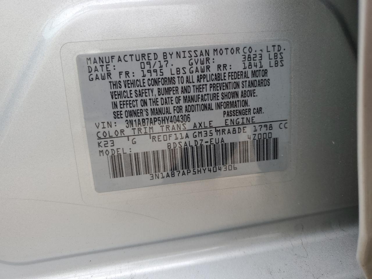 3N1AB7AP5HY404306 2017 Nissan Sentra S