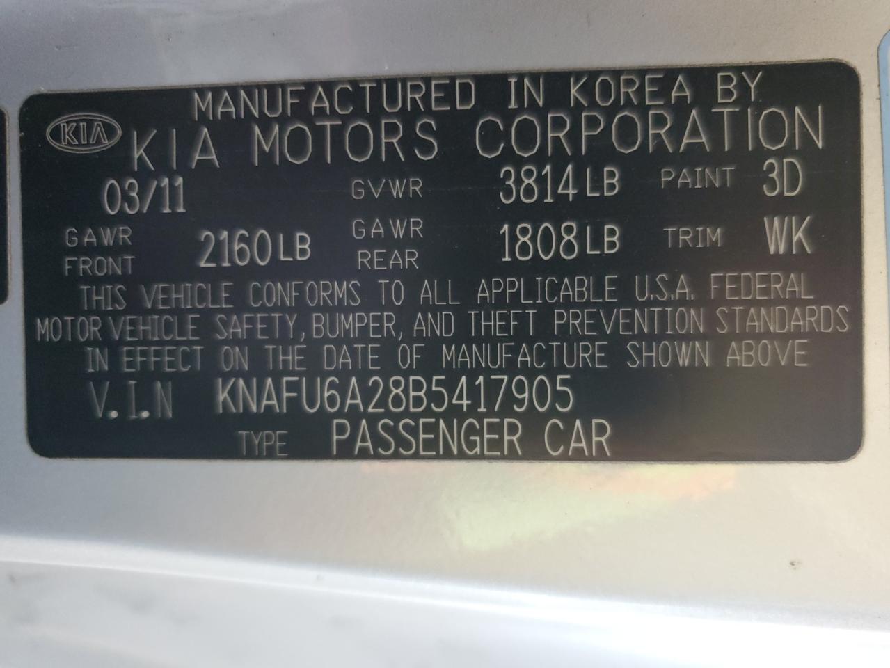 KNAFU6A28B5417905 2011 Kia Forte Ex